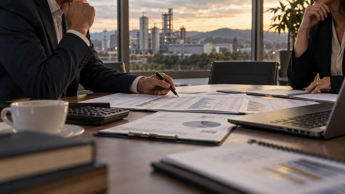 Professionals reviewing tax and financial documents in a corporate setting with an industrial operation in the background