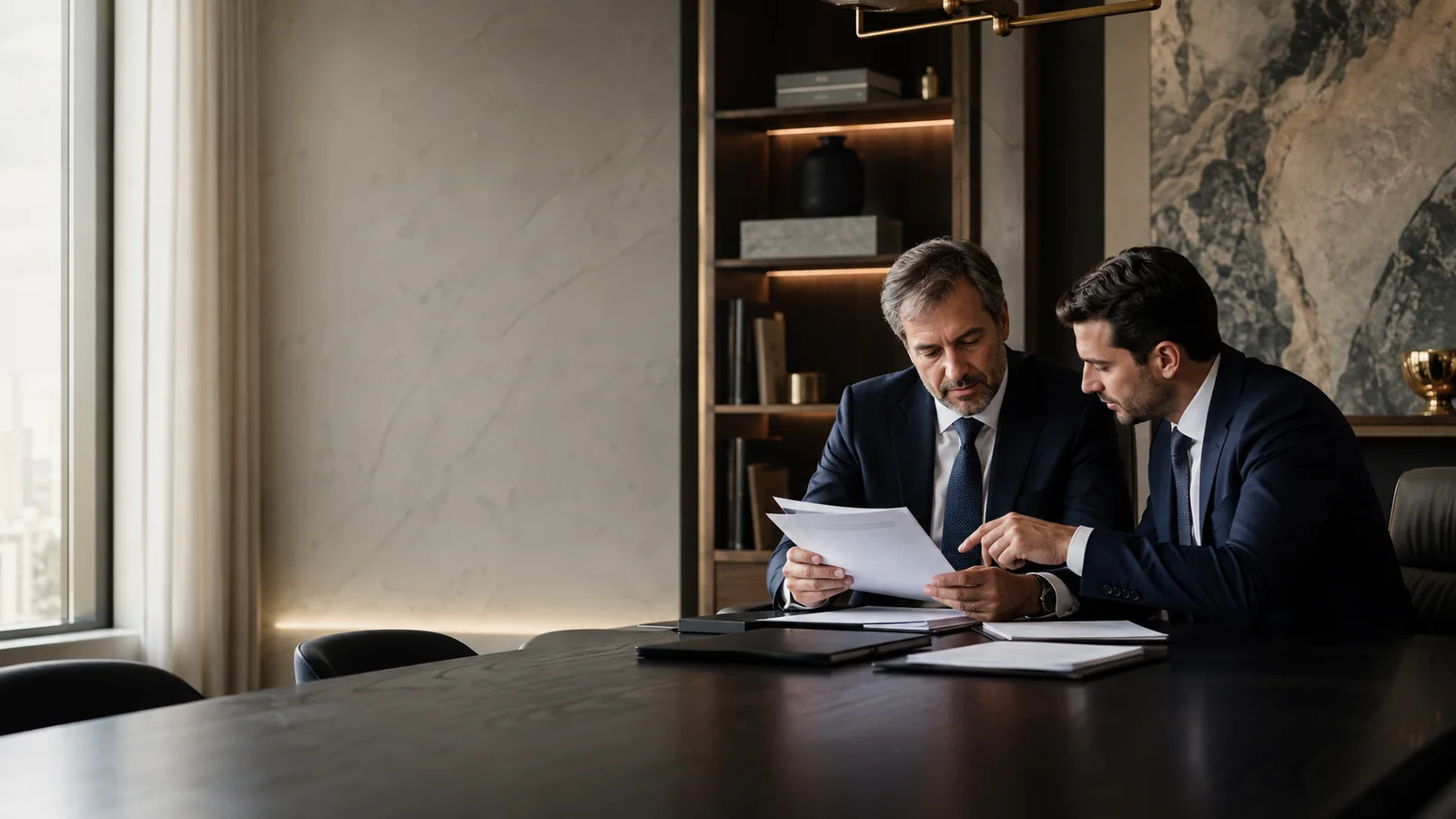 Profissionais analisam documentos financeiros durante a avaliação de uma empresa.