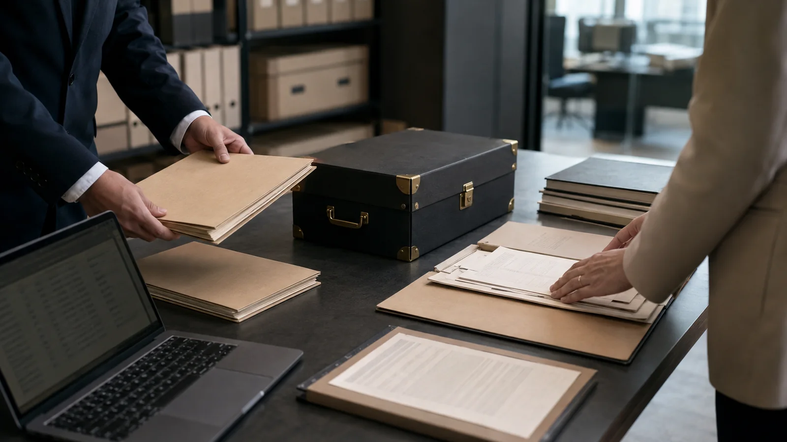 Entrega de documentos fiscais após a aquisição Profissionais conferem pastas e arquivos durante a entrega do acervo fiscal de uma empresa adquirida.