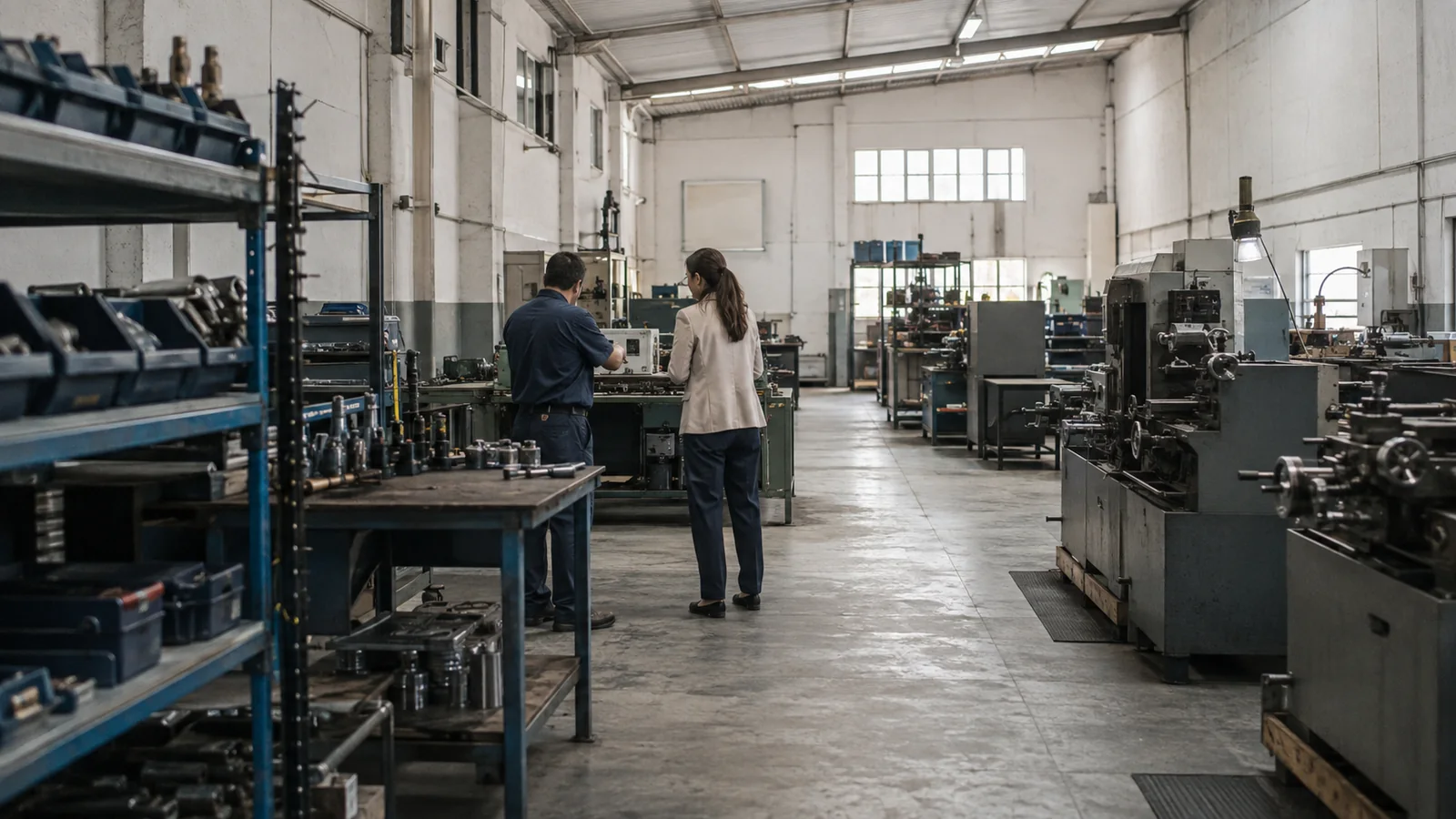 Continuidade da atividade na aquisição de estabelecimento Dois profissionais observam uma estação de trabalho em um galpão industrial com máquinas e ferramentas.