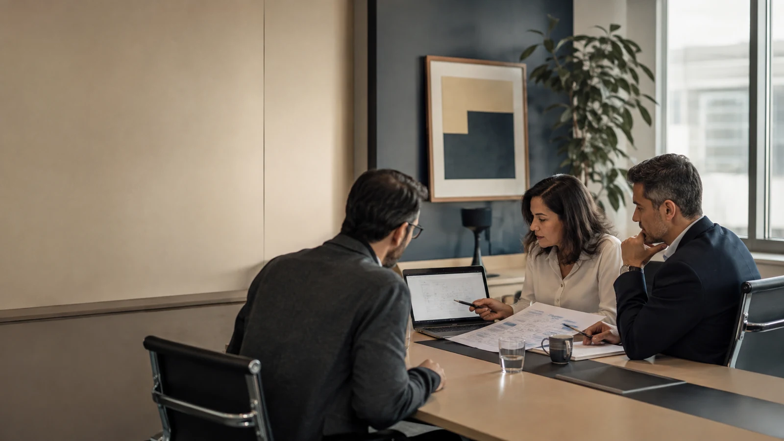Equipe executiva revisa escopo, responsabilidades e evidências de validação tributária de um ERP