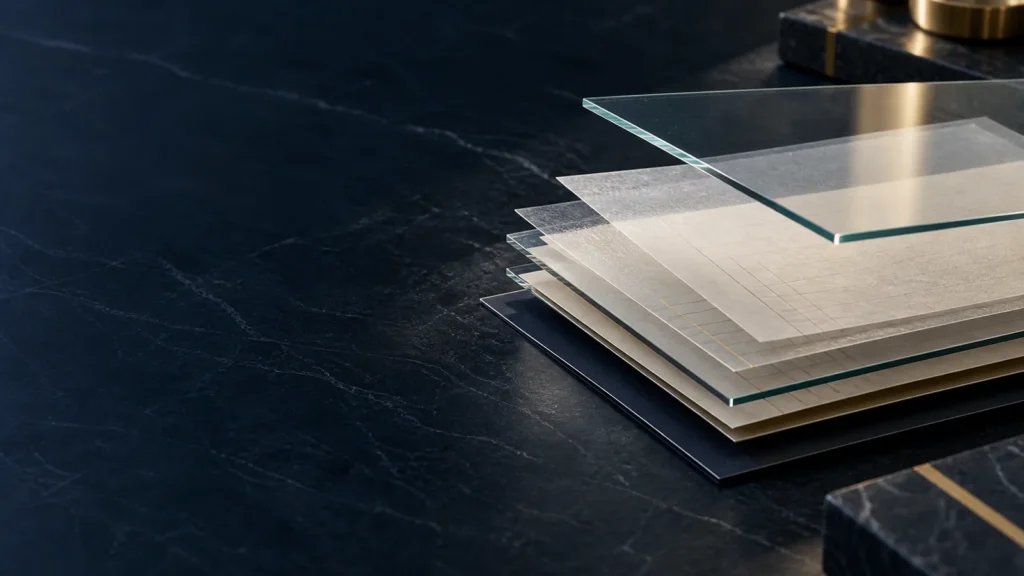 Separated translucent layers on a navy desk, a visual metaphor for the IBS and CBS dispute within the ICMS tax base.