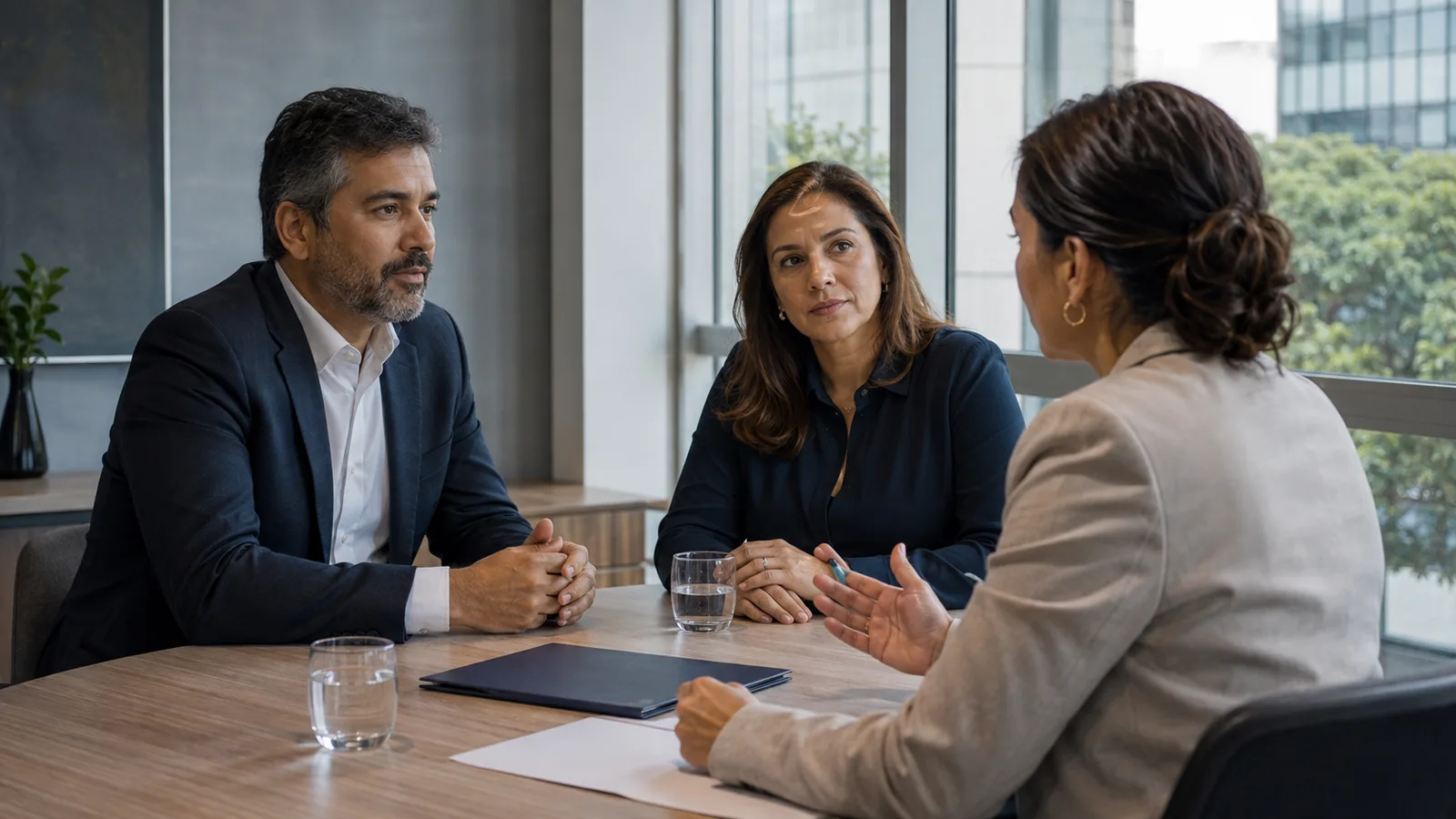 Profissionais conversam em uma mesa com documentos organizados para decisão.