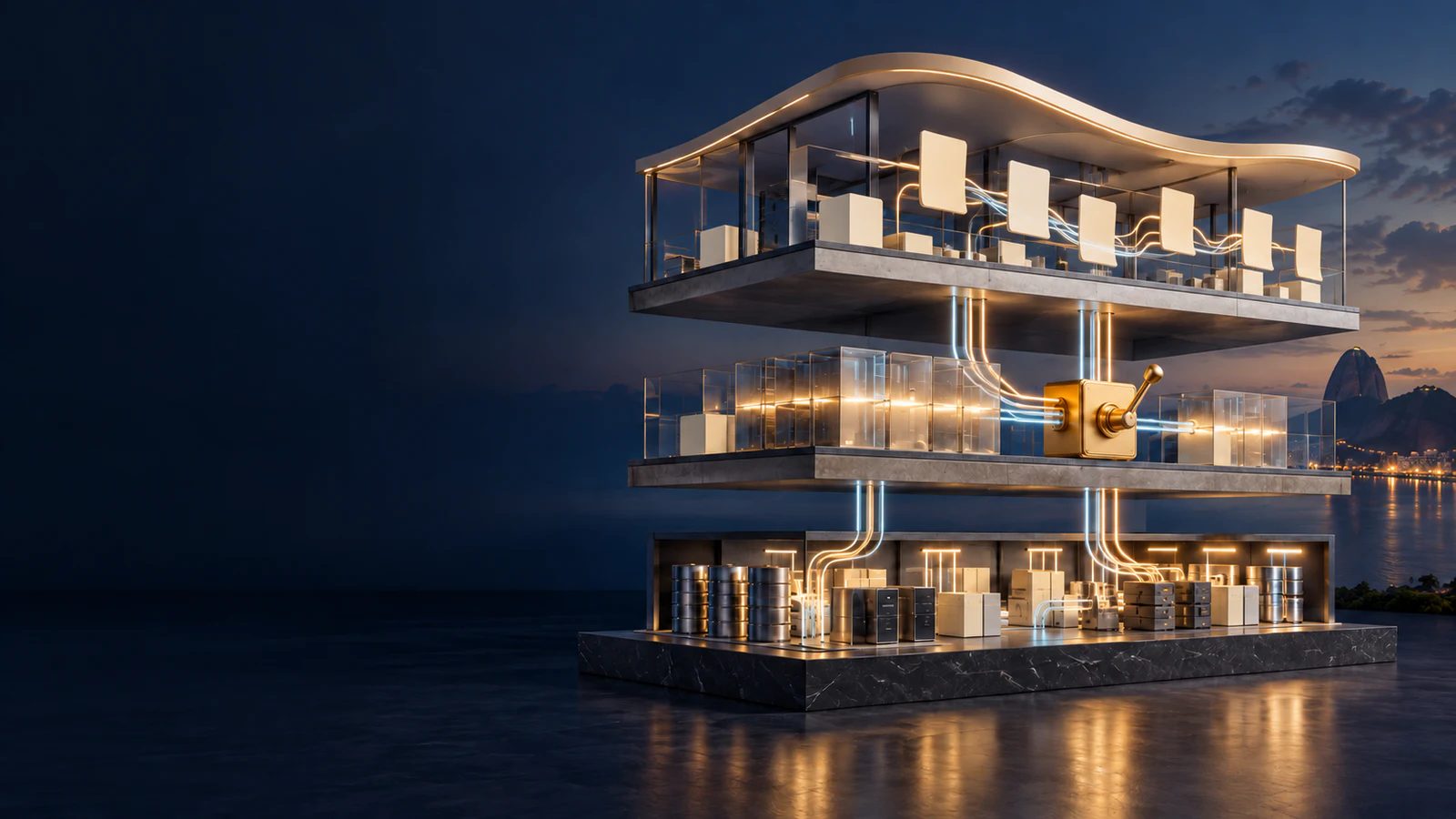 Separate architecture layers connect source transactions, tax determination and electronic documents in Brazil