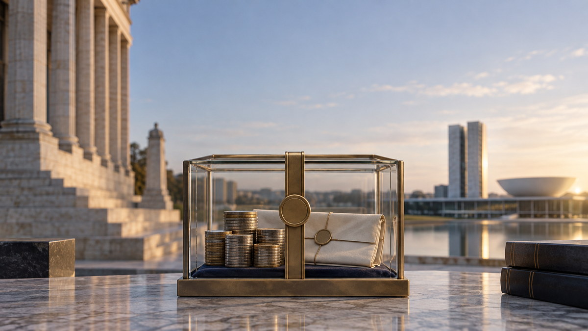 Caixa transparente de custódia com moedas e documento lacrado diante de arquitetura institucional, representando depósito judicial na transição tributária.