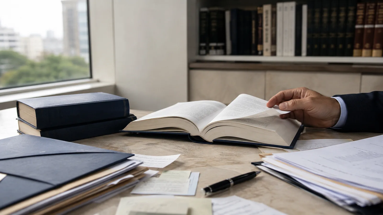 Profissional consulta documentos jurídicos e anotações em uma mesa de trabalho.