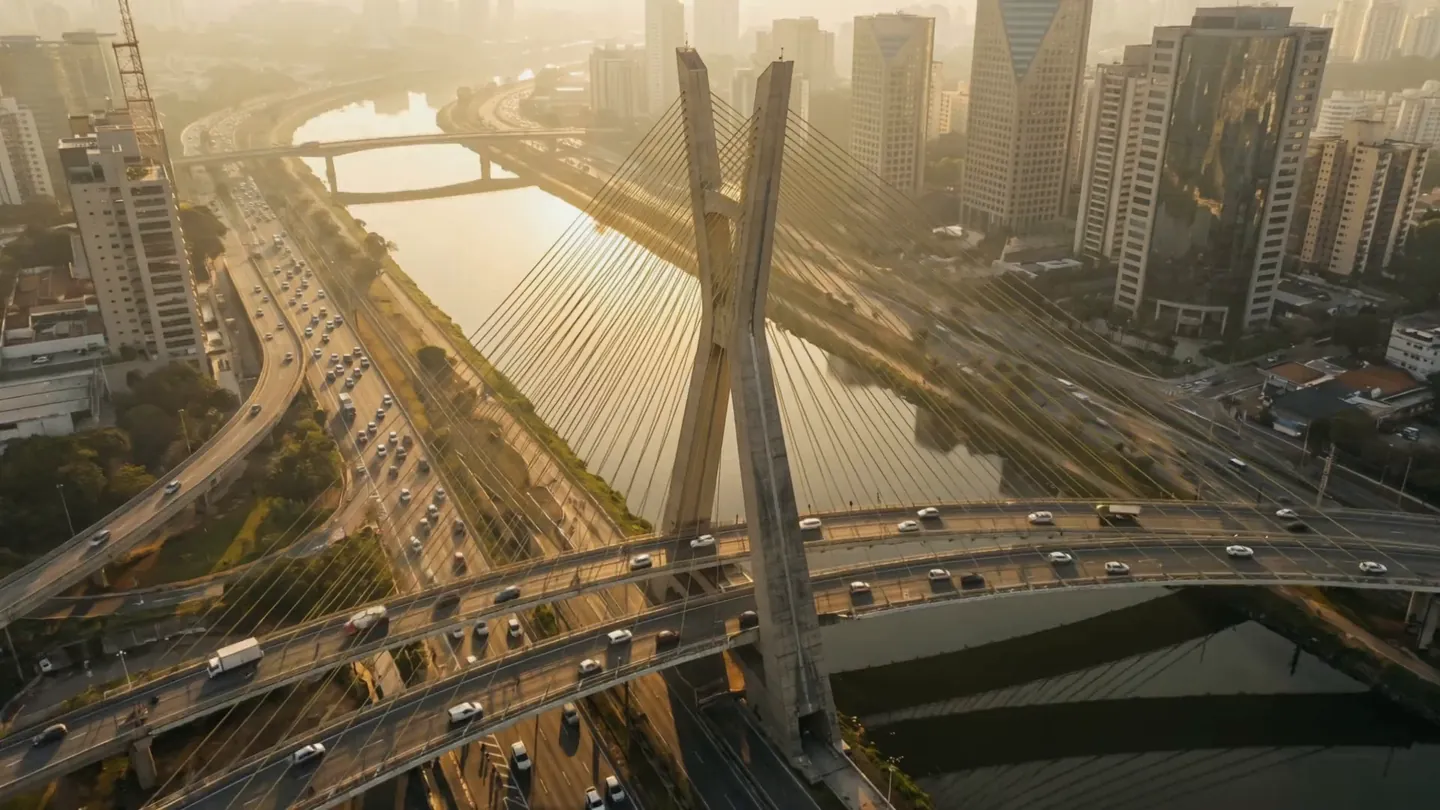 Distrito financeiro de São Paulo ao entardecer com a Ponte Estaiada Octávio Frias de Oliveira e as torres corporativas da Marginal Pinheiros — TaxUp, consultoria tributária para empresas