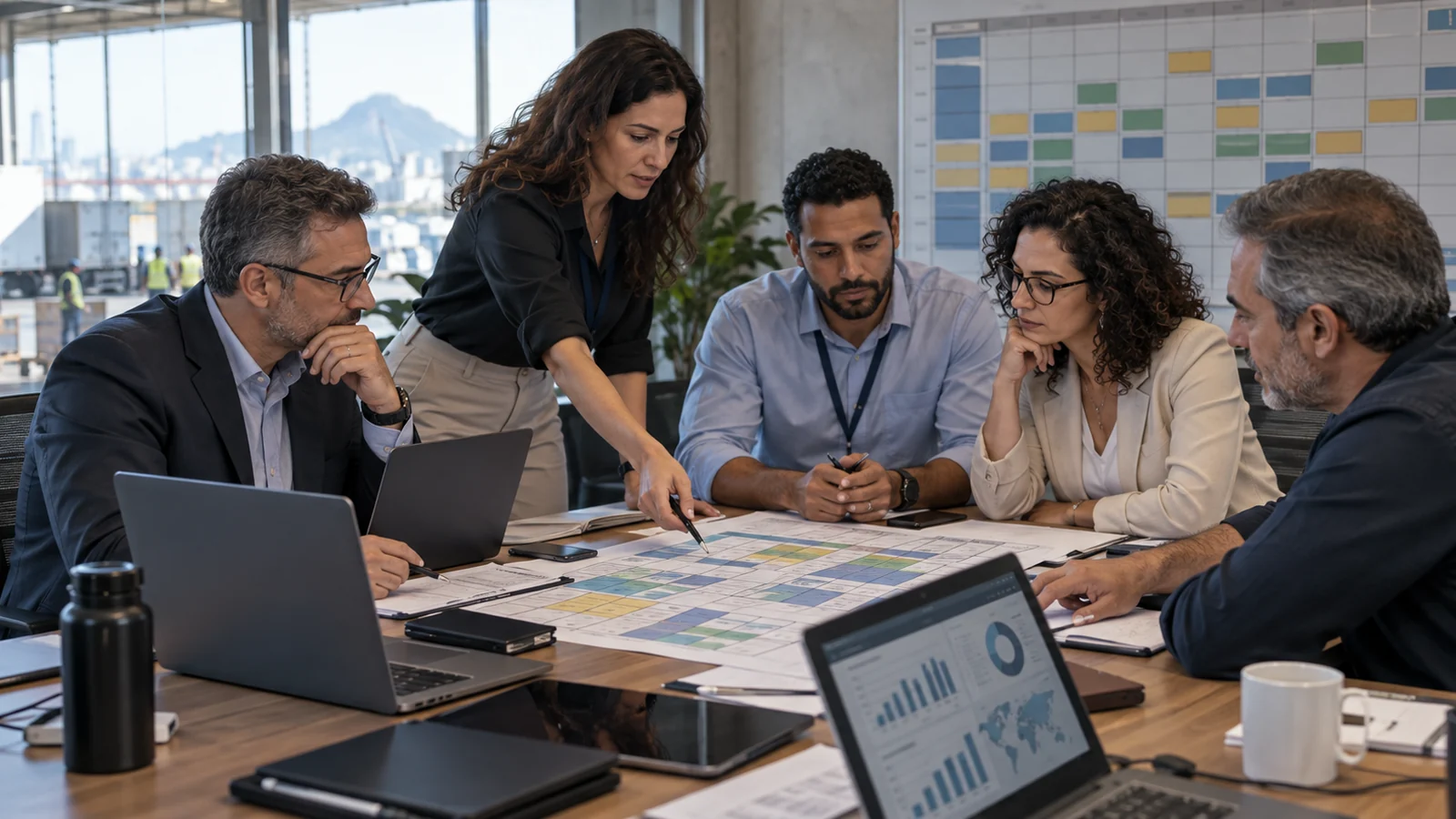 Equipe multidisciplinar simulando os efeitos empresariais da jornada 5x2.