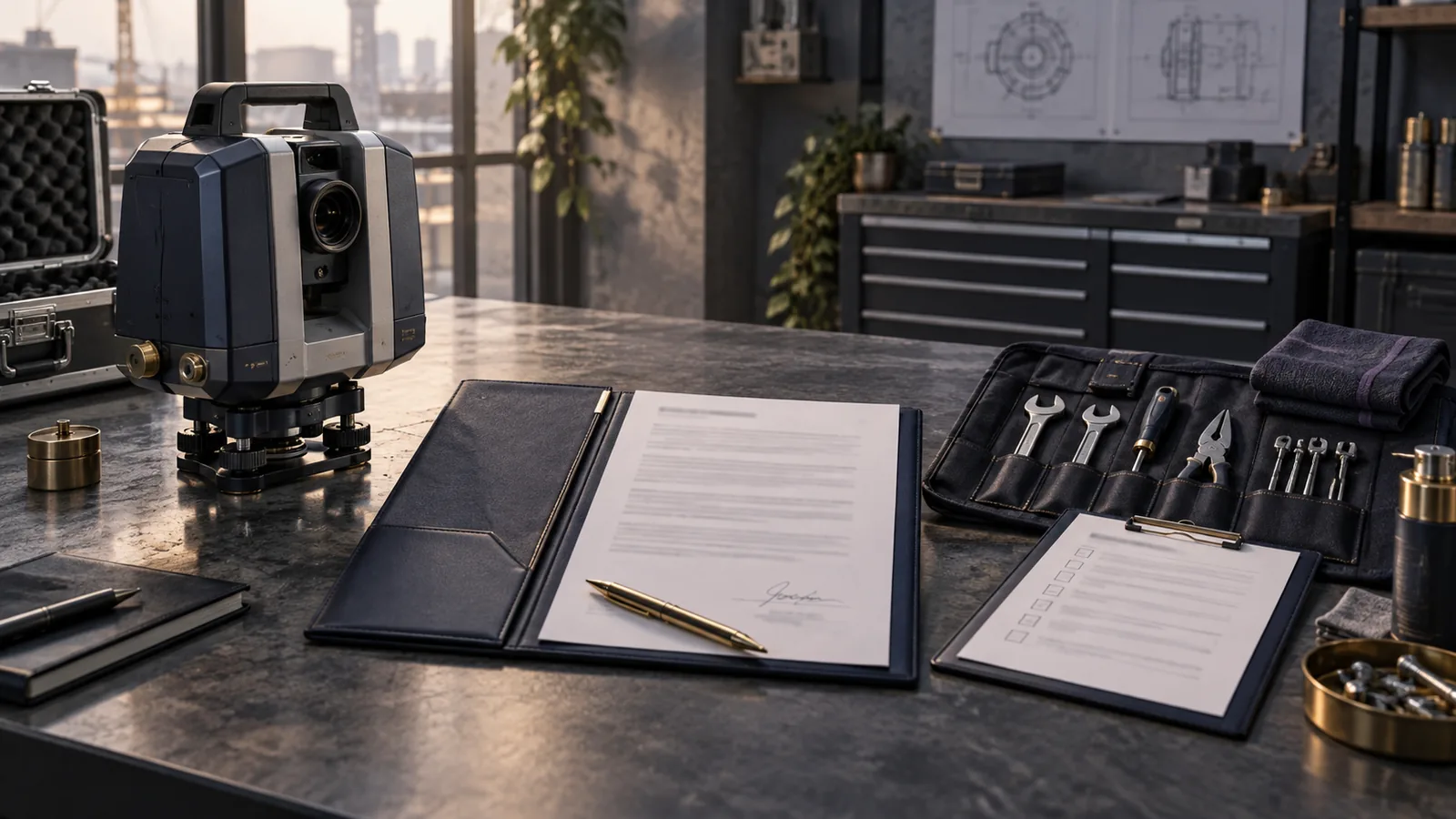 Equipamento técnico, contrato, checklist e ferramentas representam um pacote de locação com operação e manutenção.