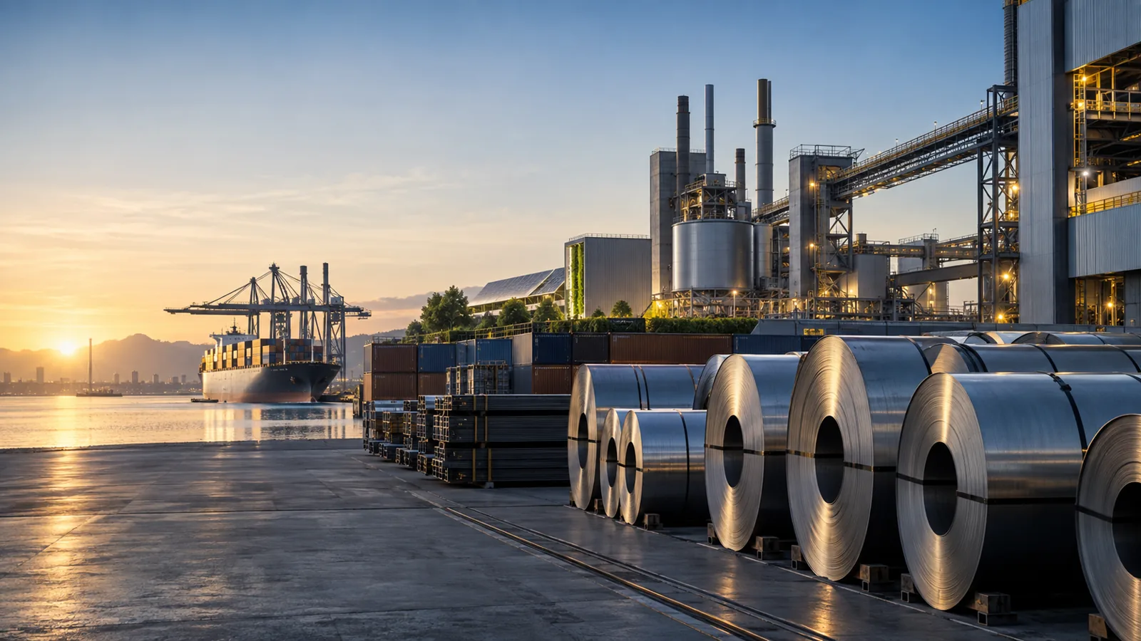 Bobinas de aço, complexo industrial e porto ilustram emissões incorporadas, produção e exportação sujeita ao CBAM.