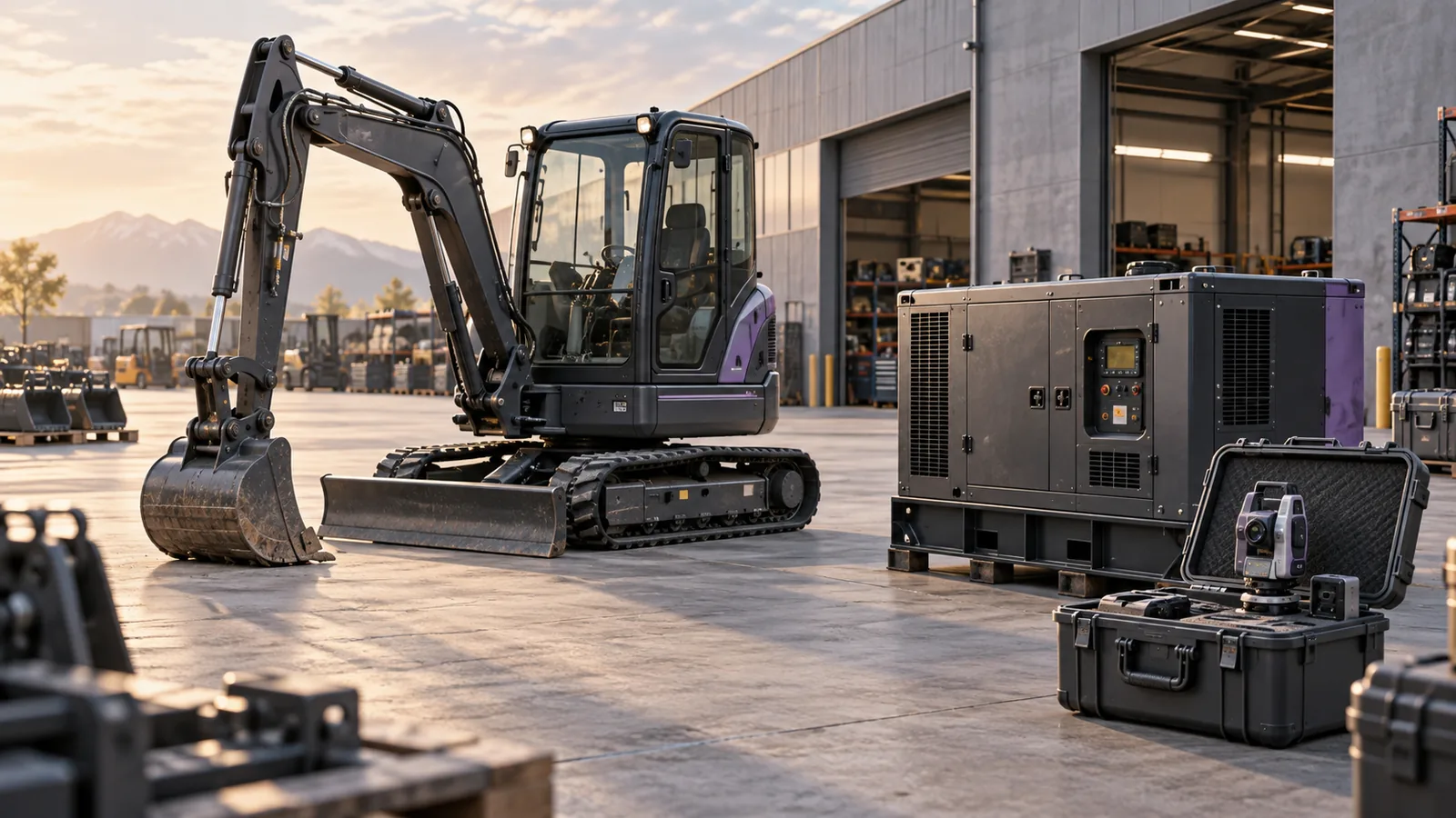 Escavadeira compacta, gerador e equipamento de topografia em pátio de locadora de máquinas.