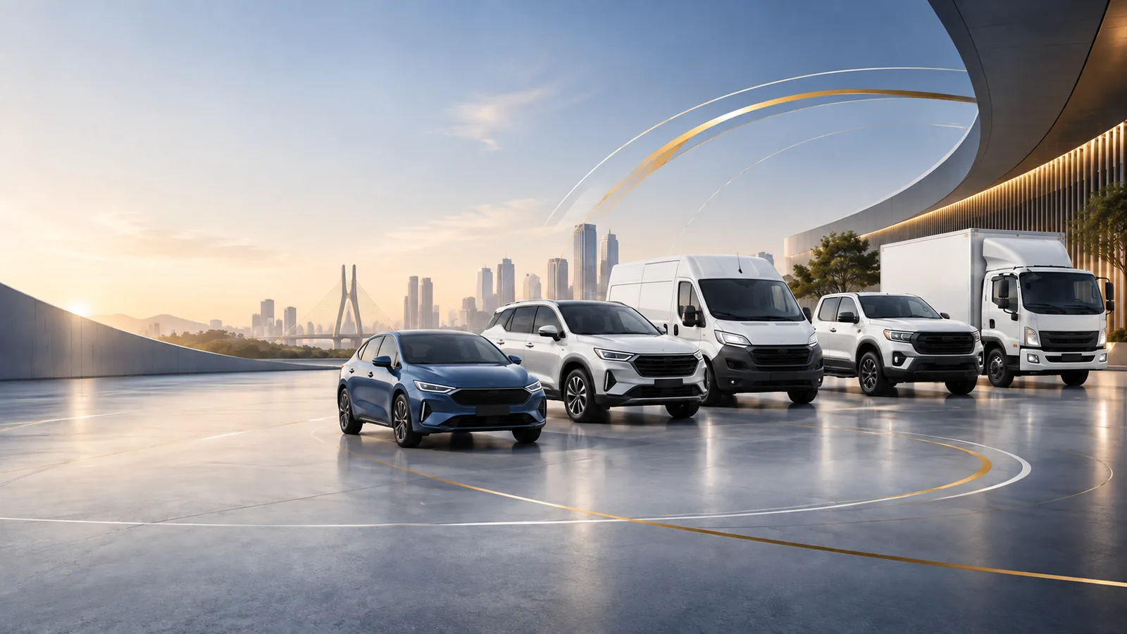 Carro, utilitário, van e caminhão representam os diferentes modelos de locação e gestão de frotas.